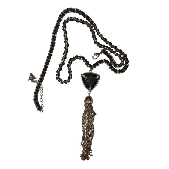 Guess Black & Gold Triangle Pendant Tassel Necklace, One Size
